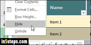 Show / hide columns and rows in Excel - Step 5