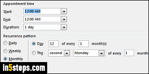 Add recurring reminder in Outlook - Step 1