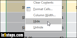 Show / hide columns and rows in Excel - Step 2